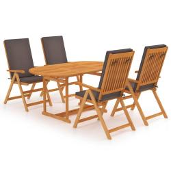 Ensemble &agrave; manger 5 pi&egrave;ces, coussins gris, en bois de teck massif, pour la salle &agrave; manger