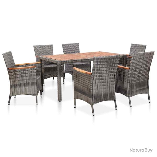 Ensemble � manger, 7 pi�ces, avec coussins, r�sine tress�e, gris, pour le jardin