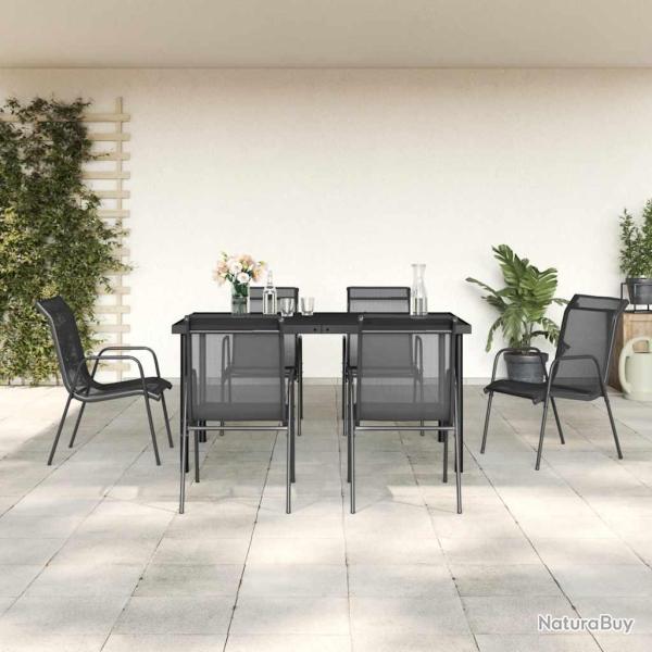 Ensemble � manger, 7 pi�ces, noir, textil�ne et acier, pour le jardin