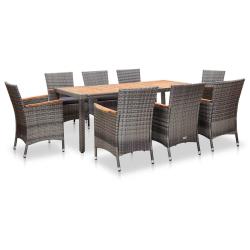 Ensemble table et chaises, 9 pi&egrave;ces, avec coussins, r&eacute;sine tress&eacute;e, gris, pour le jardin