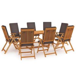 Ensemble de repas 9 pi&egrave;ces avec coussins, en bois de teck massif gris, pour la salle &agrave; manger