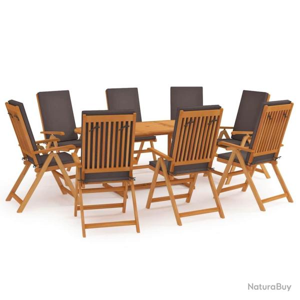 Ensemble de repas 9 pi�ces avec coussins, en bois de teck massif gris, pour la salle � manger