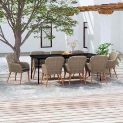 Ensemble &agrave; manger avec coussins, 9 pi&egrave;ces, marron, pour la terrasse