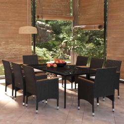 Ensemble &agrave; manger avec coussins, 9 pi&egrave;ces, noir, pour la terrasse