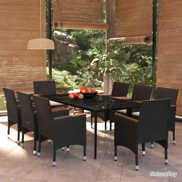 Ensemble � manger avec coussins, 9 pi�ces, noir, pour la terrasse