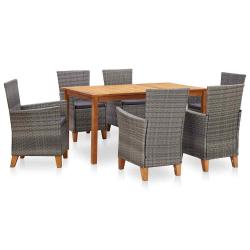 Mobilier &agrave; d&icirc;ner, 7 pi&egrave;ces, r&eacute;sine tress&eacute;e et bois d'acacia, gris, pour la salle &agrave; manger