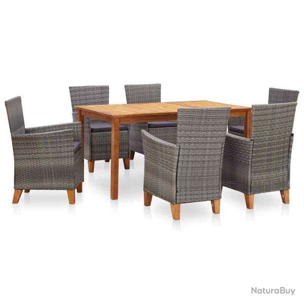 Mobilier � d�ner, 7 pi�ces, r�sine tress�e et bois d'acacia, gris, pour la salle � manger