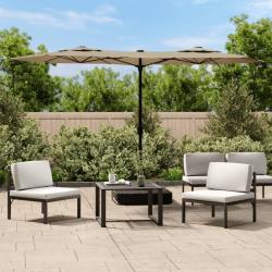 Parasol &agrave; double t&ecirc;te taupe pour la terrasse, 316 &times; 145 cm