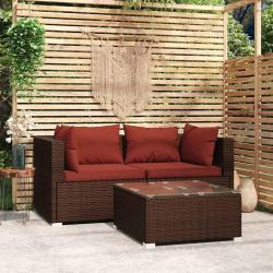 Salon de 3 pi&egrave;ces avec coussins marron en r&eacute;sine tress&eacute;e pour la terrasse