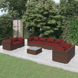 Salon de 9 pi&egrave;ces avec coussins en r&eacute;sine tress&eacute;e marron pour le jardin