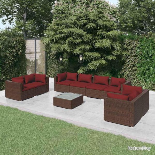 Salon de 9 pi�ces avec coussins en r�sine tress�e marron pour le jardin