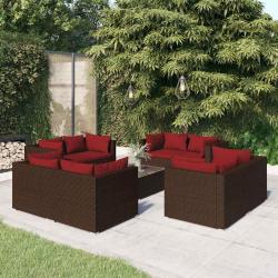 Salon de jardin 9 pi&egrave;ces avec coussins marron, en r&eacute;sine tress&eacute;e
