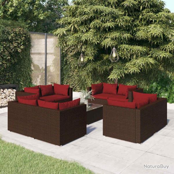 Salon de jardin 9 pi�ces avec coussins marron, en r�sine tress�e