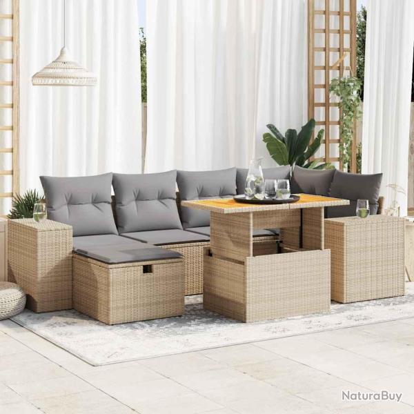 Salon avec coussins, 8 pi�ces, en r�sine tress�e et acacia, beige