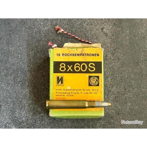 boite de 10 cartouches 8 x 60 S marque RWS - balle nickel pointe cuivre  arrondie- PRIX PORT COMPRIS