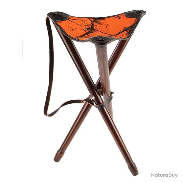 TREPIED ARCY 65CM, PIEDS BOIS, ASSISE CUIR ET TISSU ORANGE CAMO, AVEC BRETELLE siege januel