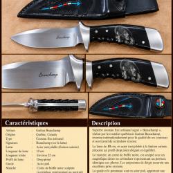 GA&Eacute;TAN BEAUCHAMP - COUTEAU CUSTOM - SCRIMSHAW - CORNE DE BUFFLE - LAME 10 CM