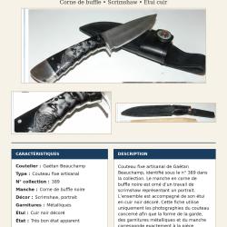 GA&Eacute;TAN BEAUCHAMP - COUTEAU CUSTOM - SCRIMSHAW - CORNE DE BUFFLE - LAME 10 CM