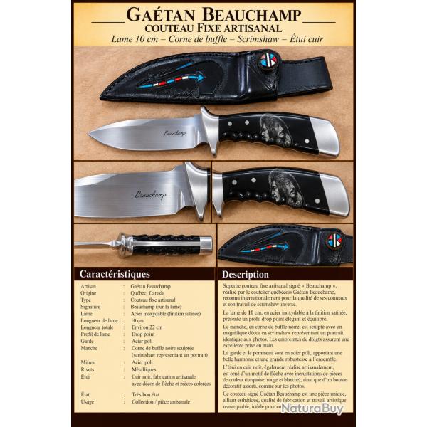 GA�TAN BEAUCHAMP - COUTEAU CUSTOM - SCRIMSHAW - CORNE DE BUFFLE - LAME 10 CM