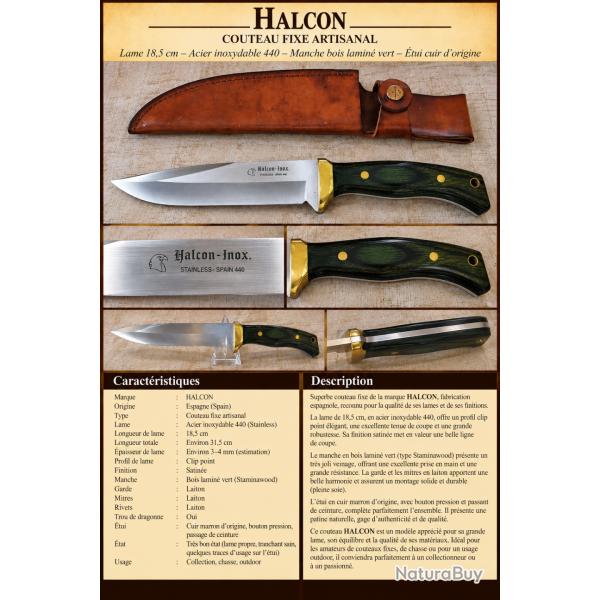 HALCON INOX - GRAND COUTEAU FIXE ESPAGNOL - LAME 18,5 CM - ACIER 440 - �TUI CUIR