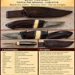 RAS MUSSEN - COUTEAU FIXE ARTISANAL SIGN&Eacute; - LAME 6,5 CM - &Eacute;TUI CUIR