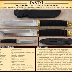 COUTEAU FIXE TANTO - LAME 14,5 CM - 440 STAINLESS STEEL - MANCHE CORD&Eacute; - &Eacute;TUI CUIR