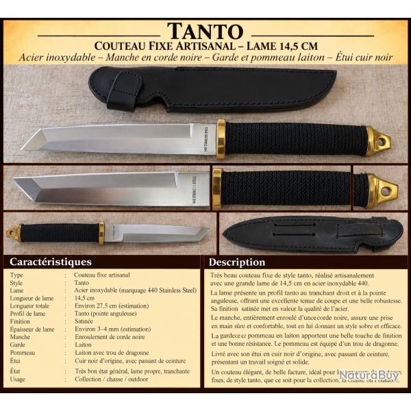 COUTEAU FIXE TANTO - LAME 14,5 CM - 440 STAINLESS STEEL - MANCHE CORD� - �TUI CUIR
