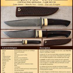JEAN PAUL - COUTEAU FIXE ARTISANAL - LAME DAMAS 18,5 CM - &Eacute;TUI CUIR