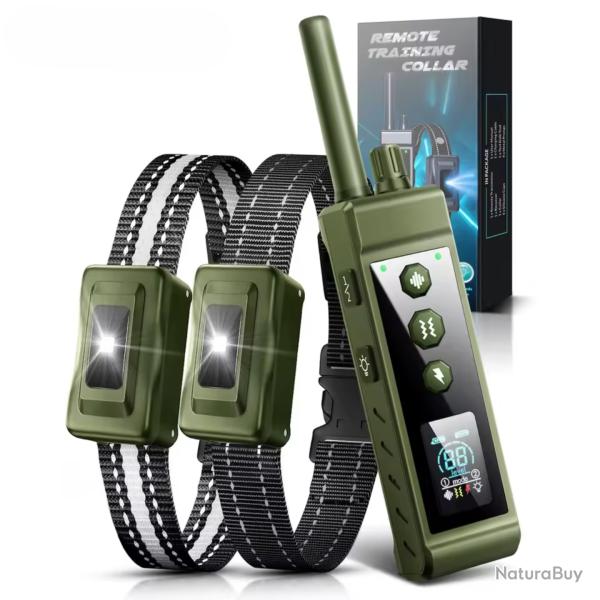 Lot de 2 Colliers de Dressage Chien (1000m) � T�l�commande Bi-Canal, �tanche IP67, LED & 99 Niveaux