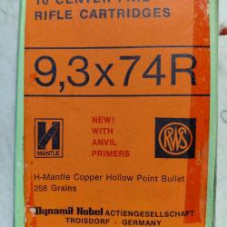 VENDS LOT DE MUNITIONS DE 20 BALLES DE MARQUE RWS OGIVE SOFT NOSE DE CALIBRE 9.3X74R
