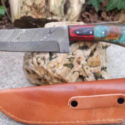 Skinner Couteau de Rando Cuisine Damas Lame 256 Couches Manche Bois/R&eacute;sine Fabric Artisan Etui Cuir