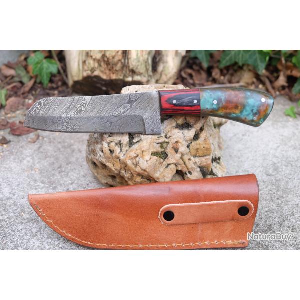 Skinner Couteau de Rando Cuisine Damas Lame 256 Couches Manche Bois/R�sine Fabric Artisan Etui Cuir