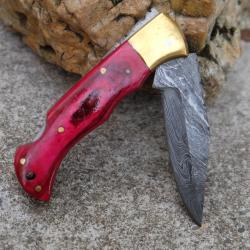 Couteau Lame Damas 128 Couches Manche Bois Rubis/Laiton Fa&ccedil;on Buck 112 Fab Artisanale Lockback
