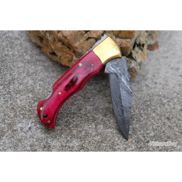 Couteau Lame Damas 128 Couches Manche Bois Rubis/Laiton Fa�on Buck 112 Fab Artisanale Lockback