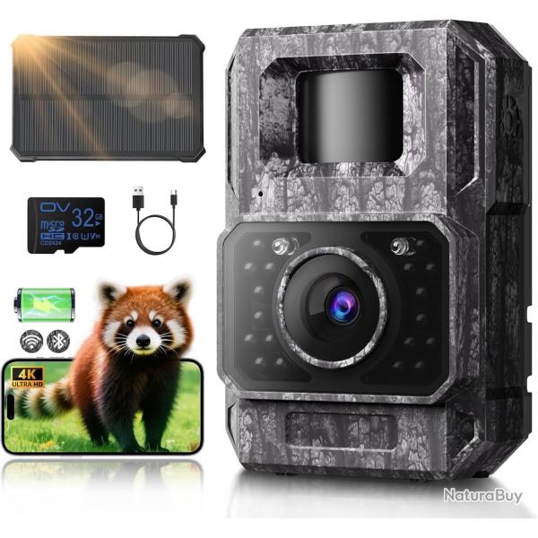 Cam�ra de Chasse Solaire Batterie  6000mAh 4K HD 60MP Etanche IP66 Vision Nocturne SD 32G Angle 130�