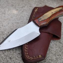 Couteau Skinner Lame Acier Carbone 1055 Manche 2 Bois Etui Cuir Port Horizon Fabr Artisanale