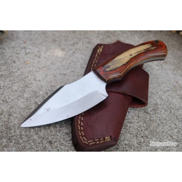 Couteau Skinner Lame Acier Carbone 1055 Manche 2 Bois Etui Cuir Port Horizon Fabr Artisanale