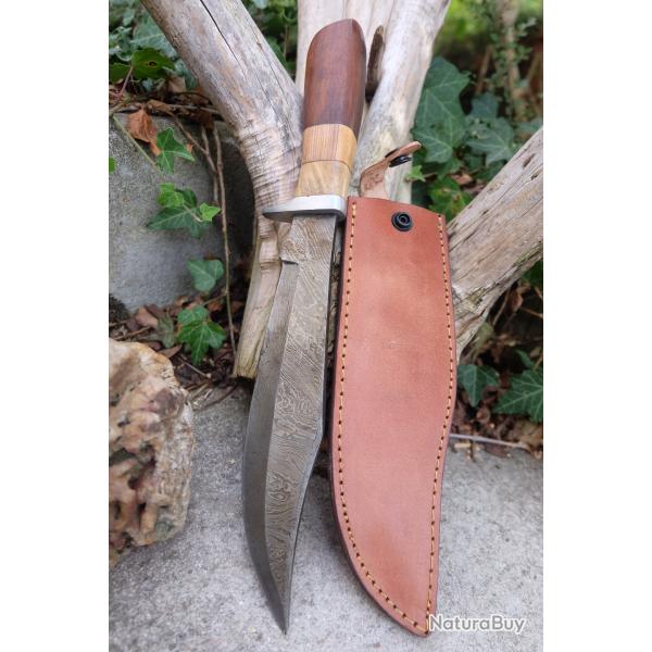 Couteau de Trappeur Bowie David Crocket Lame Acier Damas 256 Couches Manche Bois Etui Cuir Artisanat
