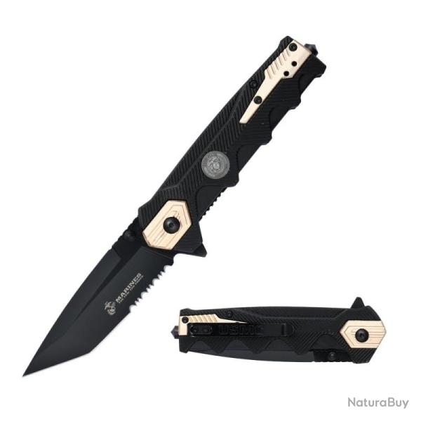 Couteau USMC Lame Acier 3Cr13 Manche Nylon Noir et Tan Liner Lock USMA3004TN