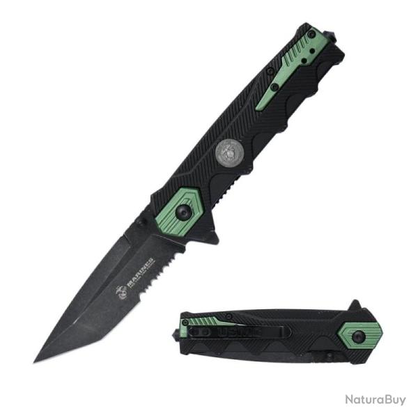 Couteau USMC Lame Acier 3Cr13 Manche Nylon Noir et Vert Liner Lock USMA3004GN