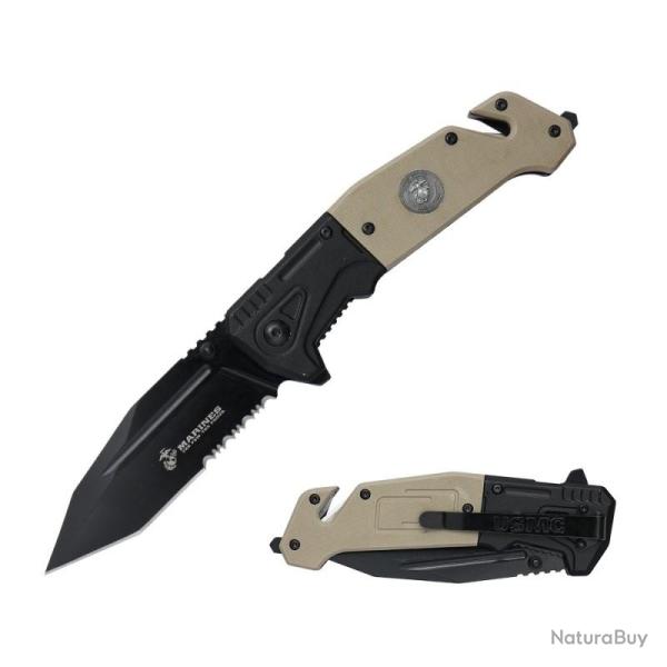 Couteau USMC Lame Acier 3Cr13 Manche G10 Noir et Tan Liner Lock USMA3003TN