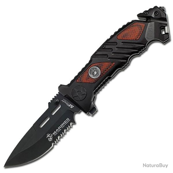 Couteau USMC Rescue Lame Acier 440 Manche Aluminium et Pakkawood Liner Lock USMA1023WD