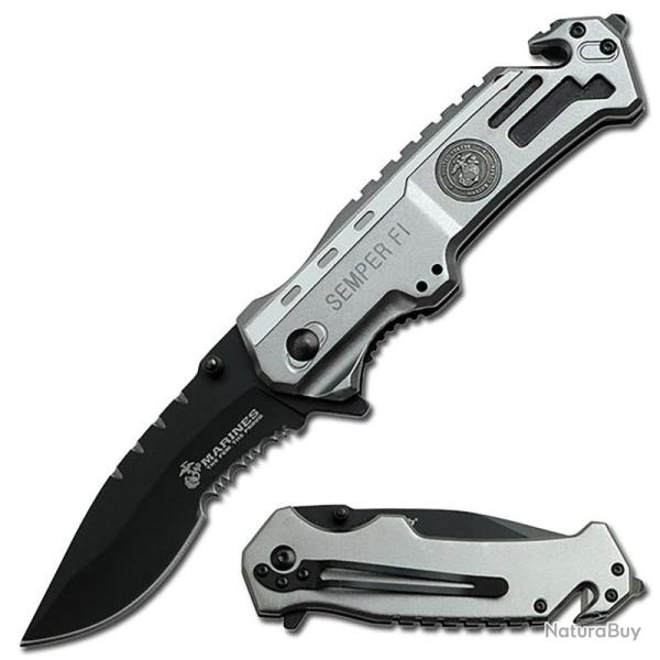 Couteau USMC Rescue Lame Acier Inox Manche Aluminium Argent Liner Lock USMA1002DS
