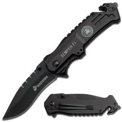 Couteau USMC Rescue Lame Acier Inox Manche Aluminium Noir Liner Lock USMA1002DP