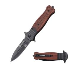 Couteau USMC Lame Acier Inox Manche Bois Marron Liner Lock USM3011WD