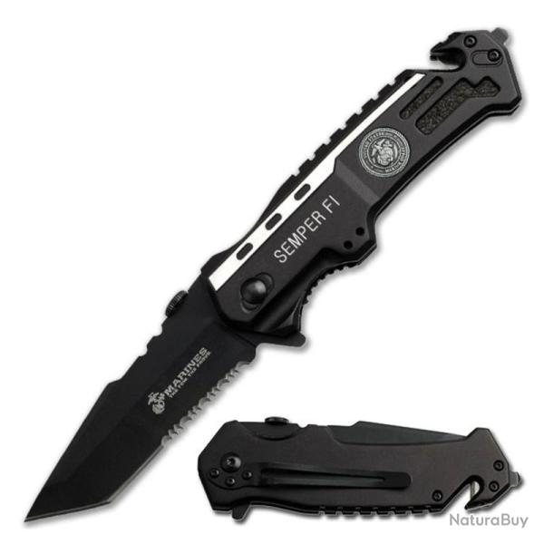 Couteau USMC Rescue Lame Acier Inox Manche Aluminium Noir Liner Lock USM1002TS
