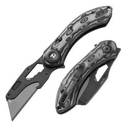Couteau Utilitaire Dreamtech D4518 Lame Acier SK5 Manche Micarta Noir et Gris Button Lock DTK4518MG