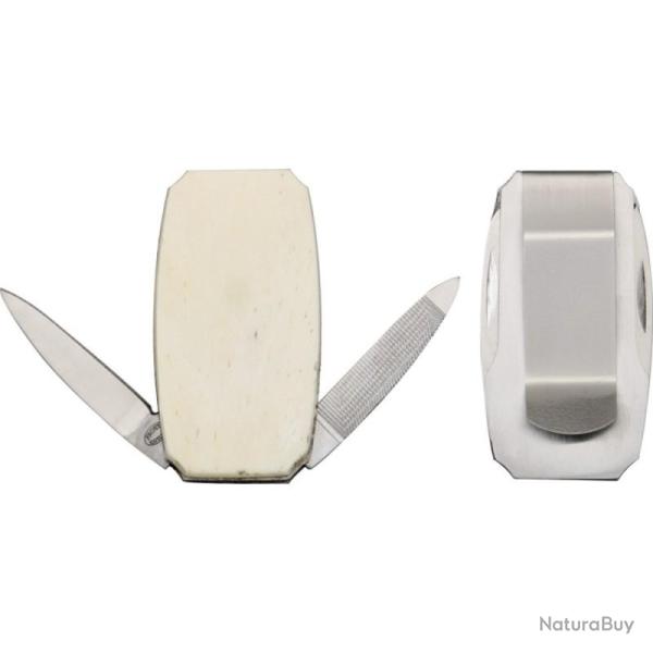 Couteau Frost Cutlery Money Clip Lame Acier Inoxydable Manche Os et Inox Blanc Slip Joint F15447SB