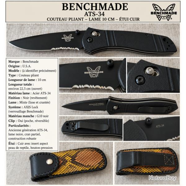 BENCHMADE 710 McHENRY & WILLIAMS - ATS-34 - AXIS LOCK - LAME NOIRE 10 CM - ANCIENNE G�N�RATION