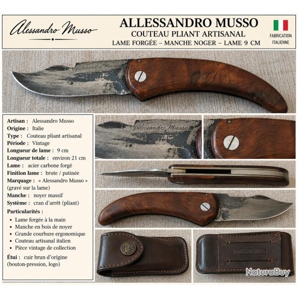 ALESSANDRO MUSSO - � ACURSIN � - COUTEAU PLIANT ARTISANAL - LAME FORG�E 9 CM - �TUI CUIR